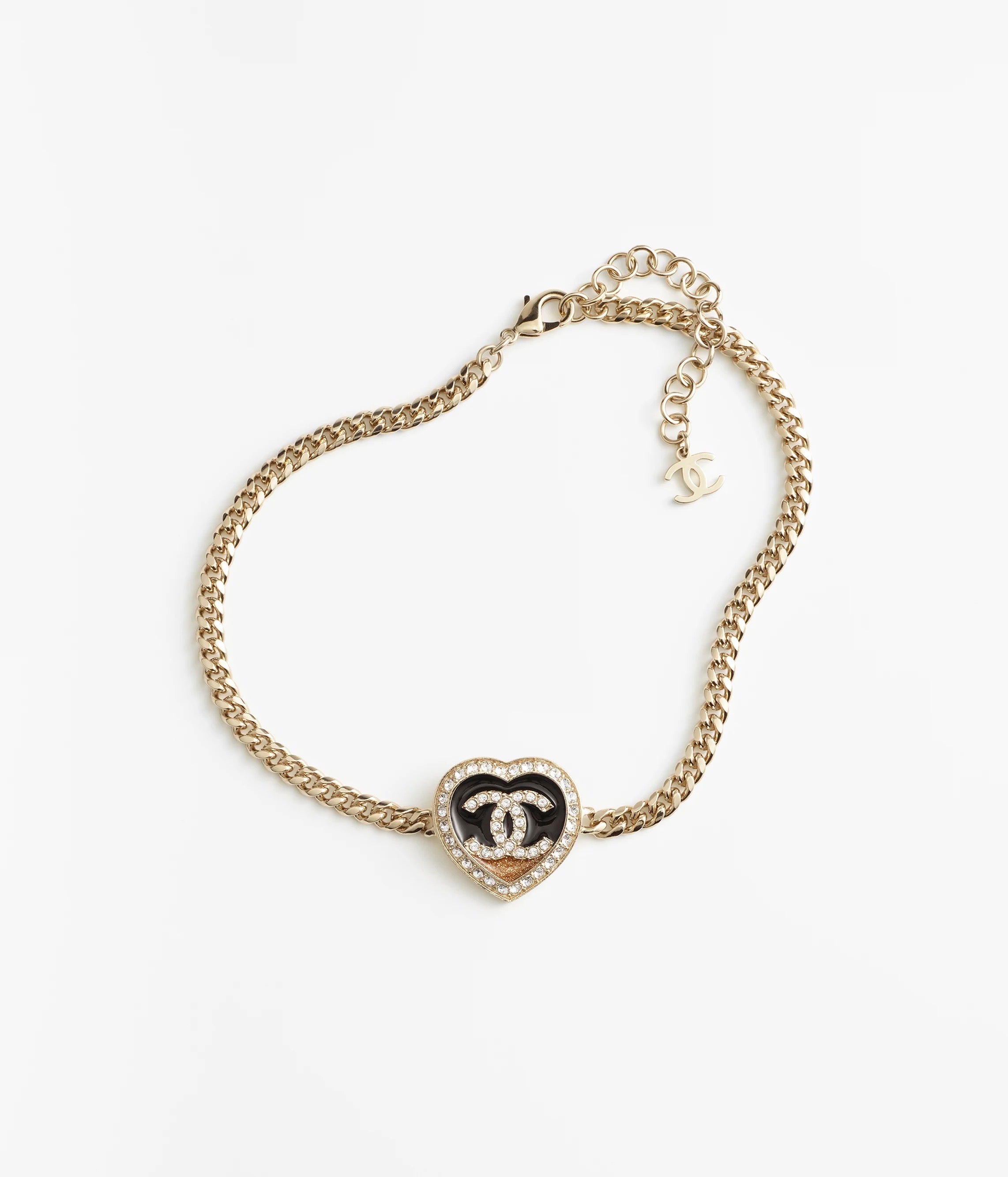 CHANEL 26S DOUBLE C LOGO PAVE CRYSTAL HEART CHAIN BRACELET IN GOLD METAL 633321