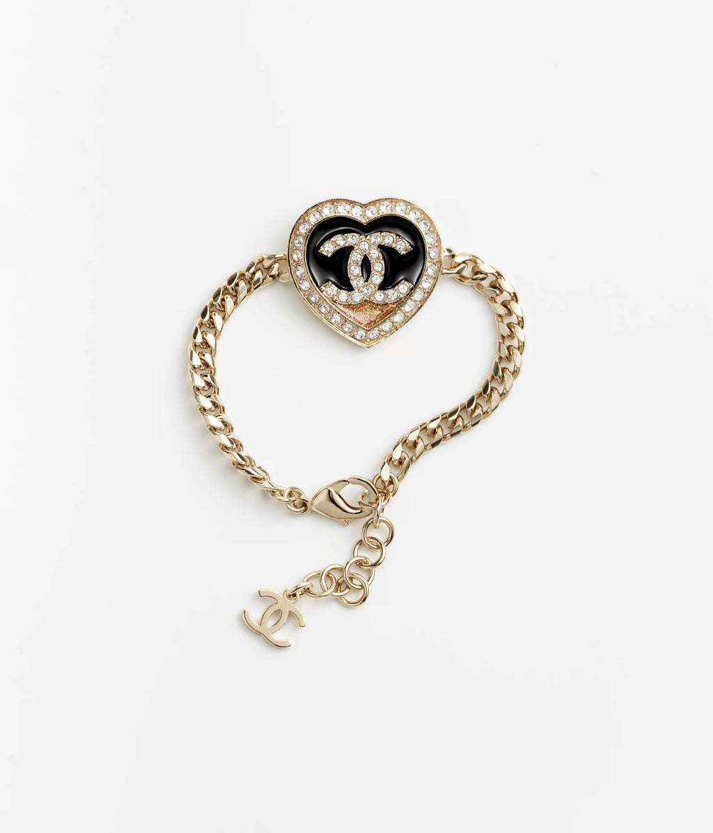 CHANEL 26S DOUBLE C LOGO PAVE CRYSTAL HEART CHAIN BRACELET IN GOLD METAL 633321
