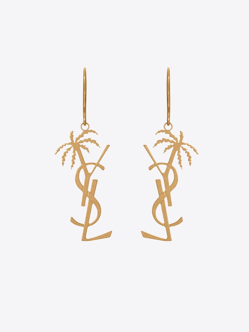 YSL 26S PALM TREE LOGO DROP EARRINGS IN GOLD TONE METAL 619168