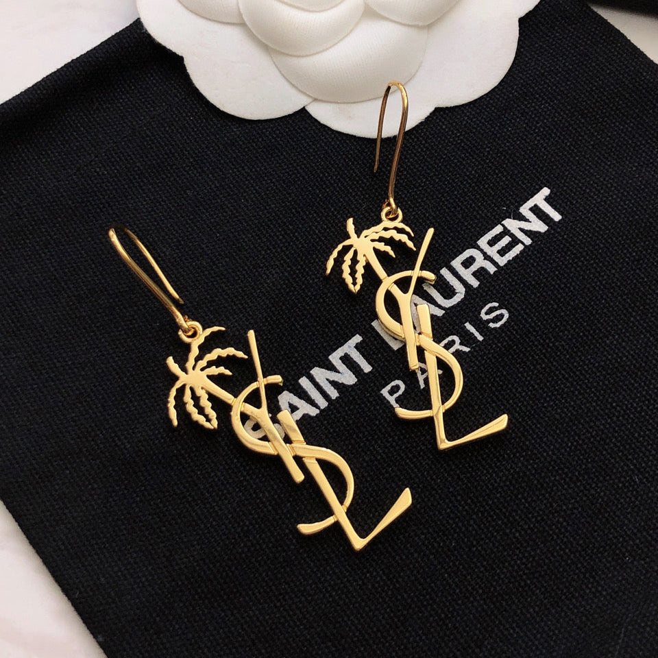 YSL 26S PALM TREE LOGO DROP EARRINGS IN GOLD TONE METAL 619168
