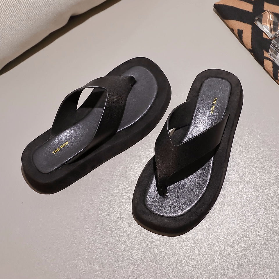 THE ROW 26S GINZA THONG SANDALS IN BLACK CALFSKIN AND SUEDE