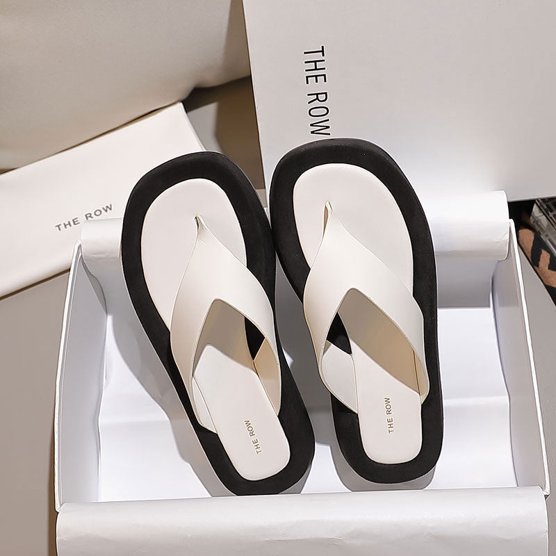 THE ROW 26S GINZA THONG SANDALS IN WHITE CALFSKIN AND BLACK SUEDE