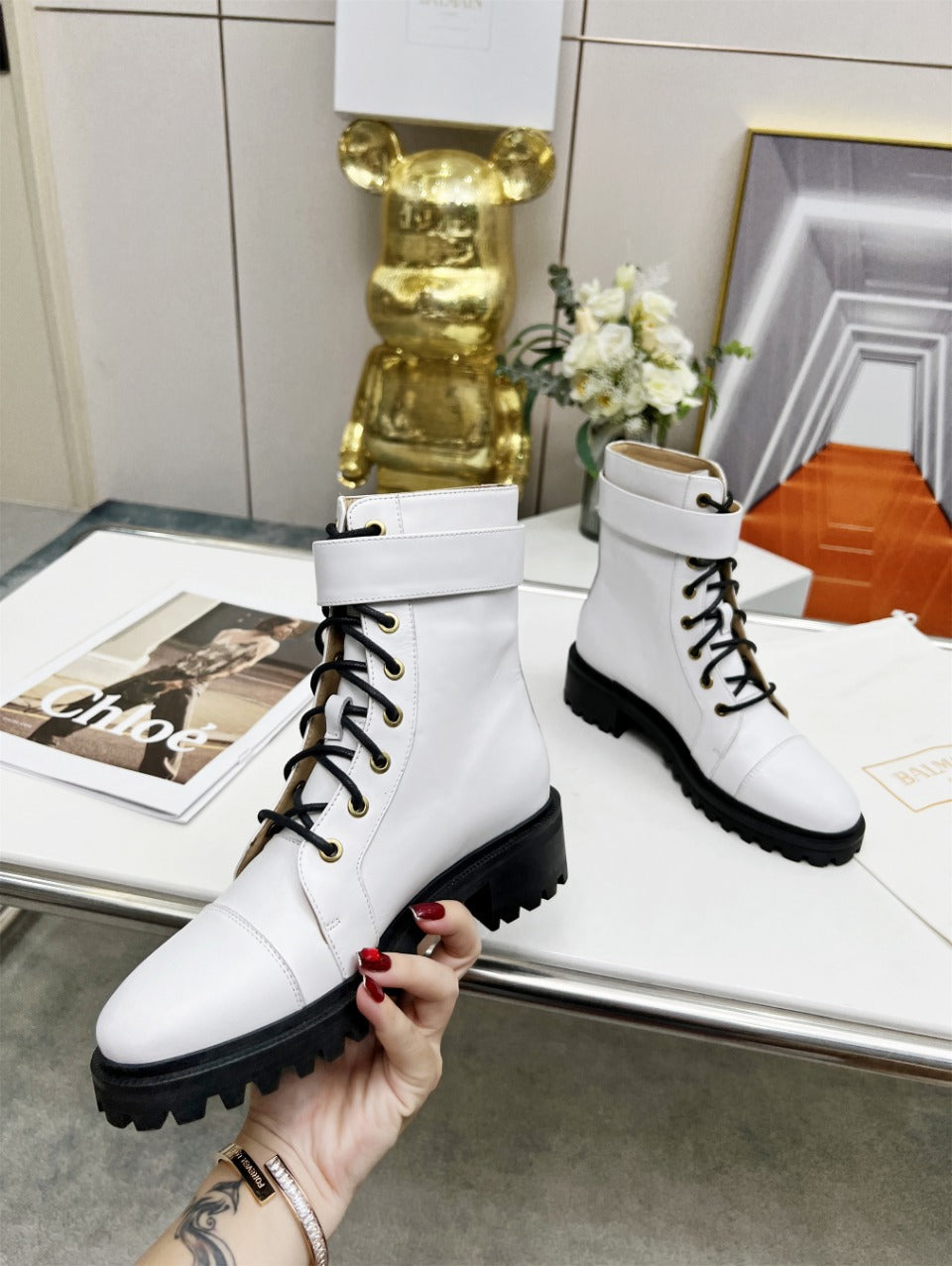 BALMAIN 26S BOOTS IN WHITE CALFSKIN