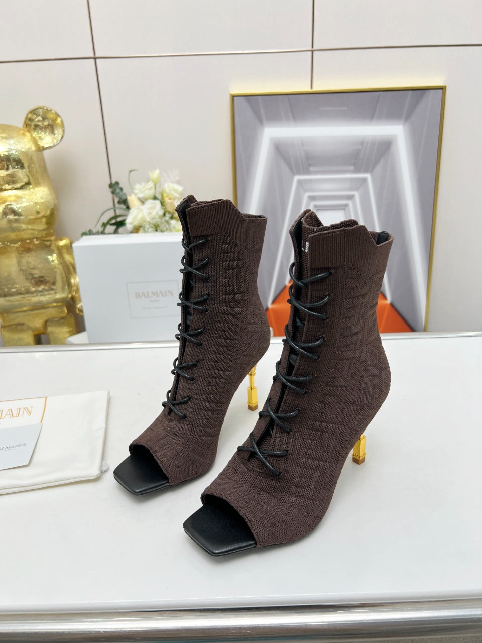 BALMAIN 26S LACE UP OPEN TOE BOOTS 95 MM IN DARK BROWN FLYKNIT