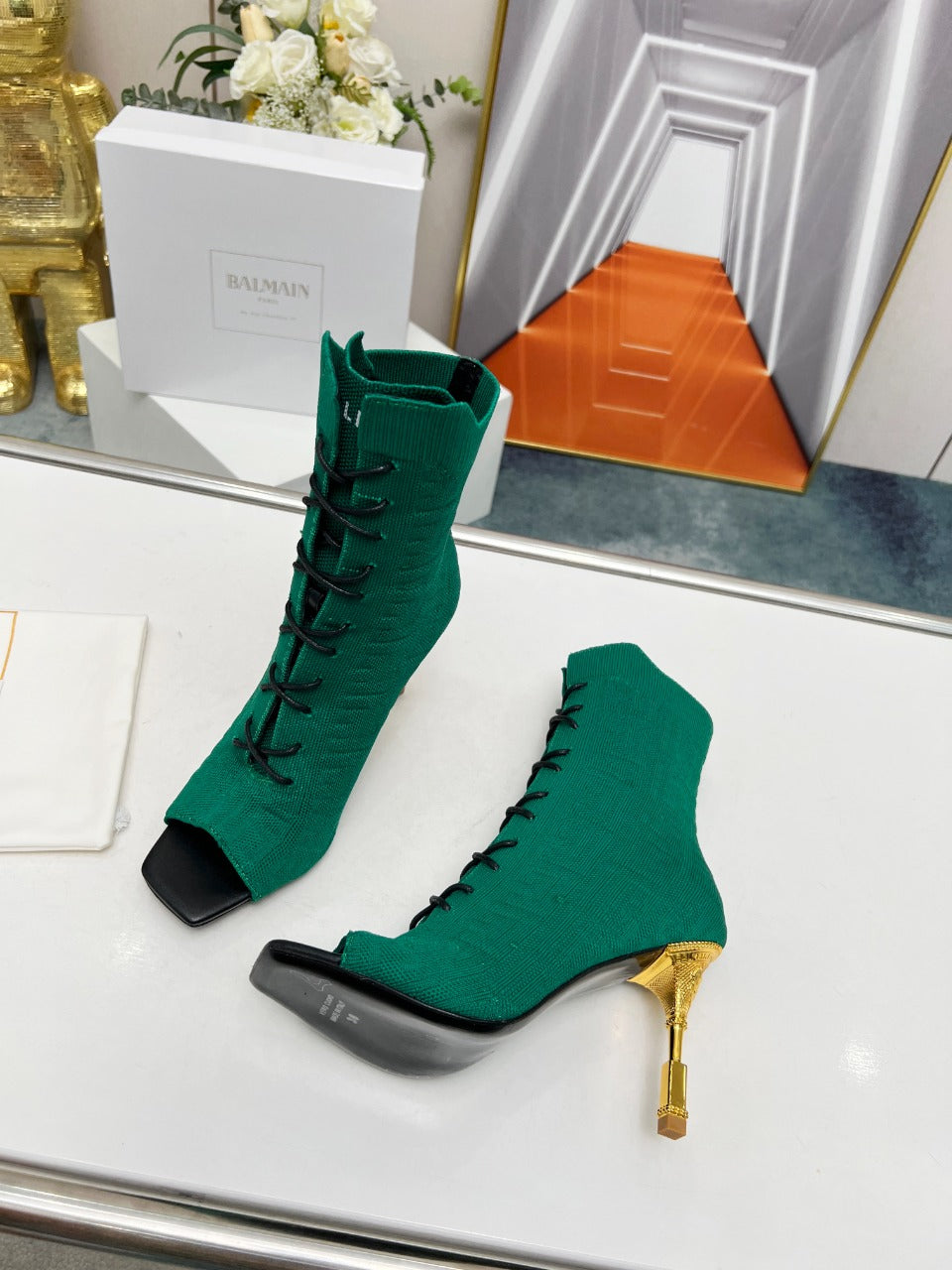 BALMAIN 26S LACE UP OPEN TOE BOOTS 95 MM IN GREEN FLYKNIT