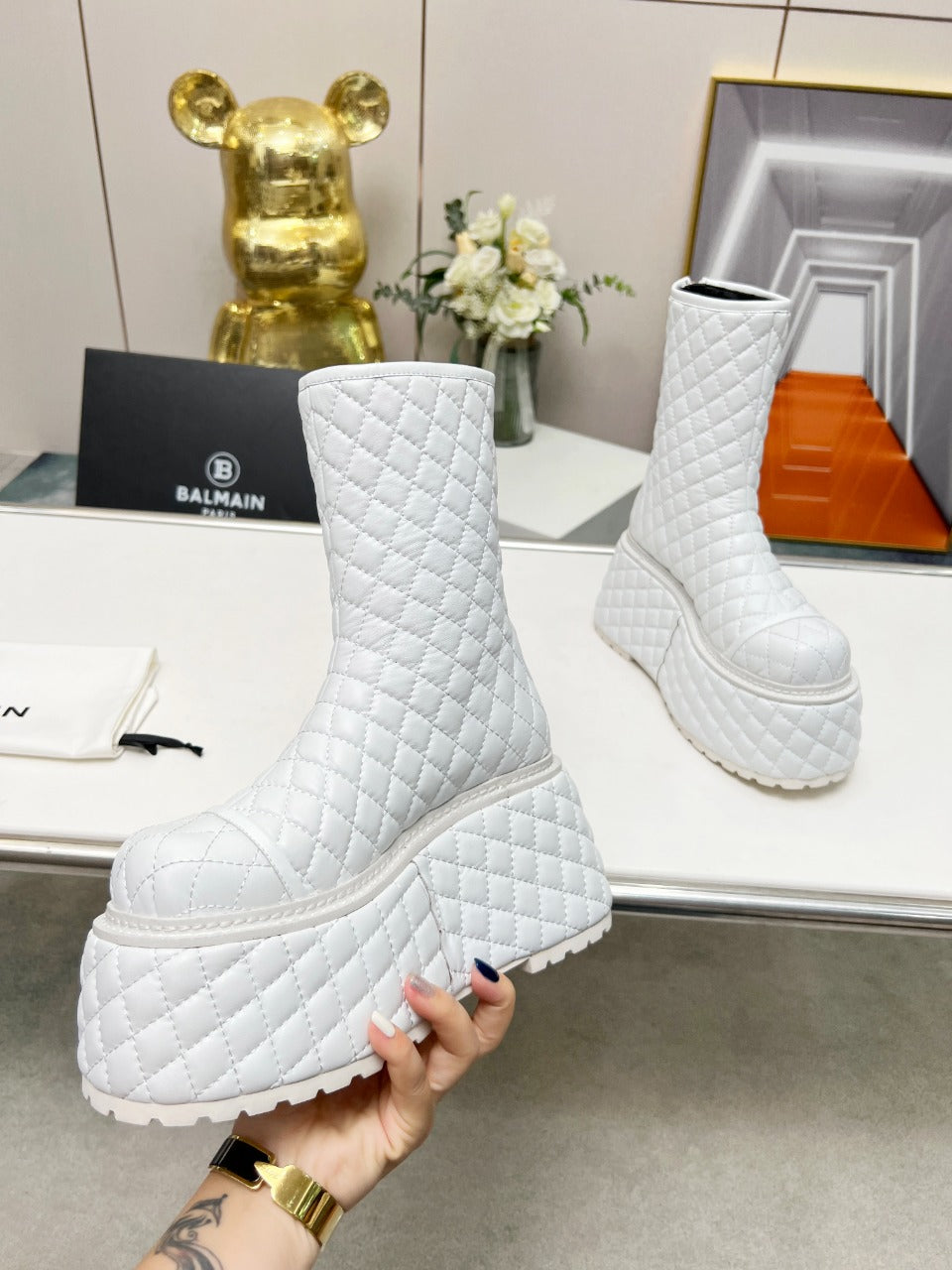 BALMAIN 26S PLATFORM BOOTS 100 MM IN WHITE LAMBSKIN