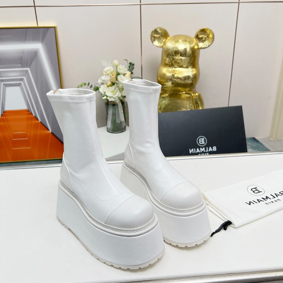 BALMAIN 26S PLATFORM BOOTS 100 MM IN WHITE CALFSKIN