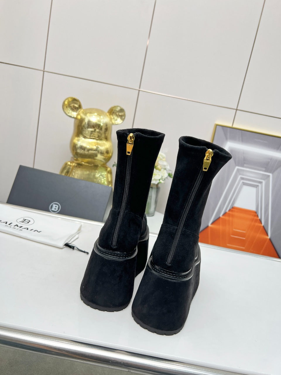 BALMAIN 26S PLATFORM BOOTS 100 MM IN BLACK SUEDE