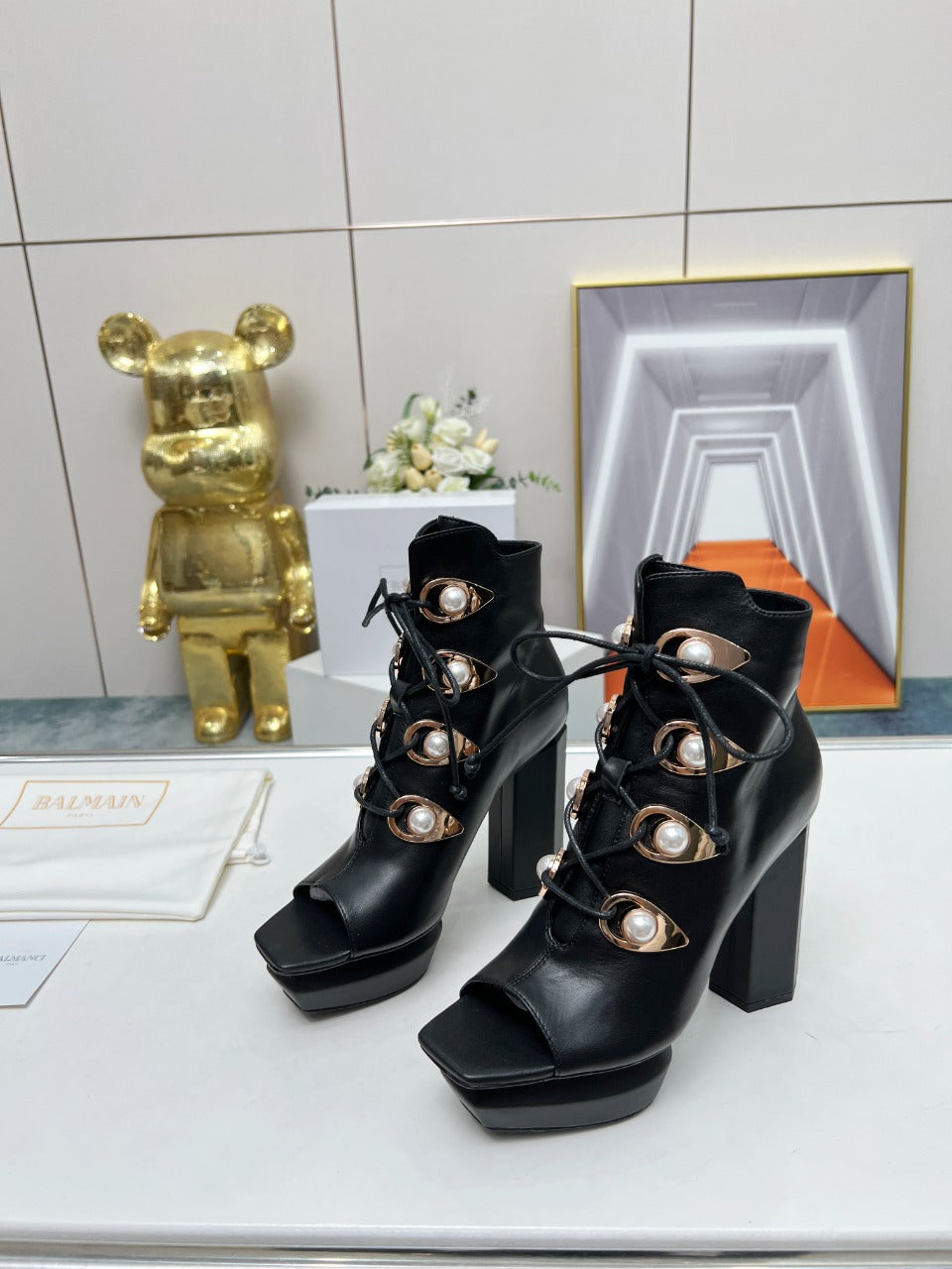 BALMAIN 26S OPEN-TOE BOOTS 115 MM IN BLACK CALFSKIN PEARL-EMBELLISHED