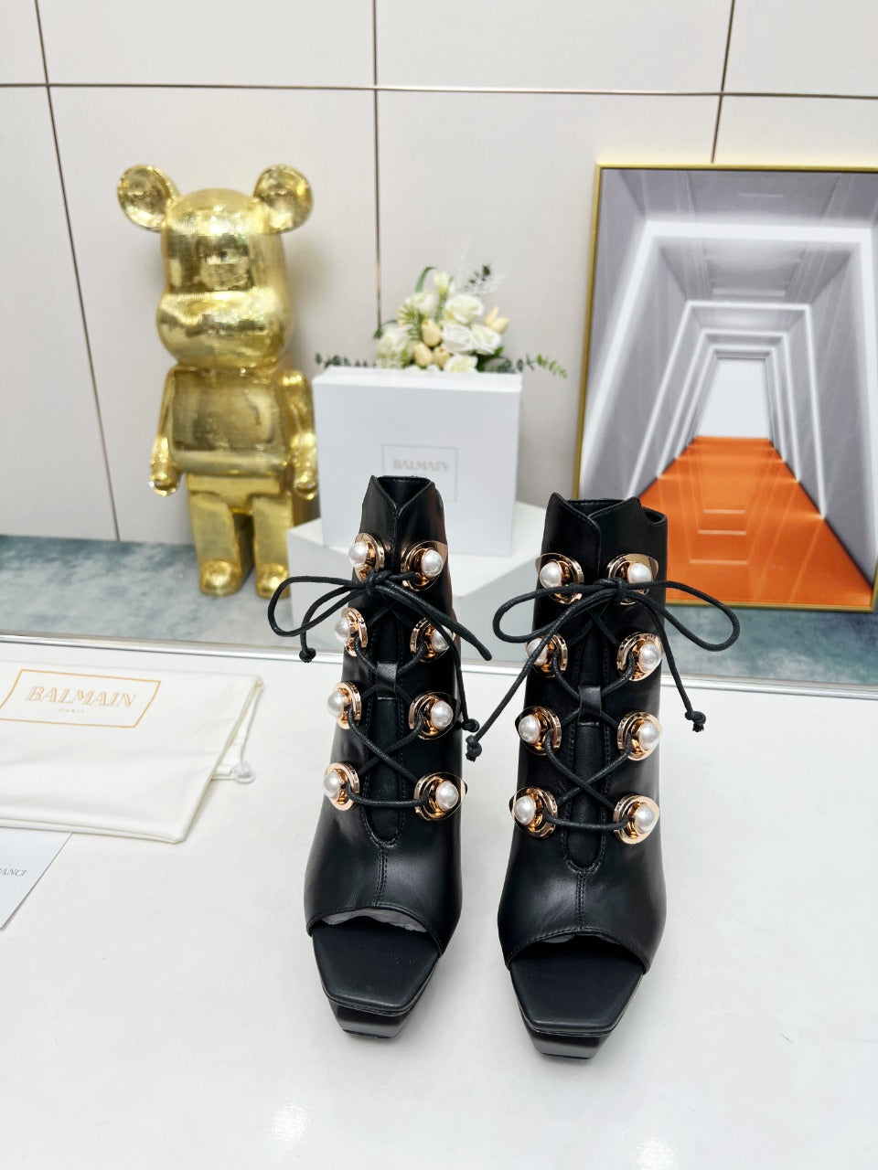 BALMAIN 26S OPEN-TOE BOOTS 115 MM IN BLACK CALFSKIN PEARL-EMBELLISHED