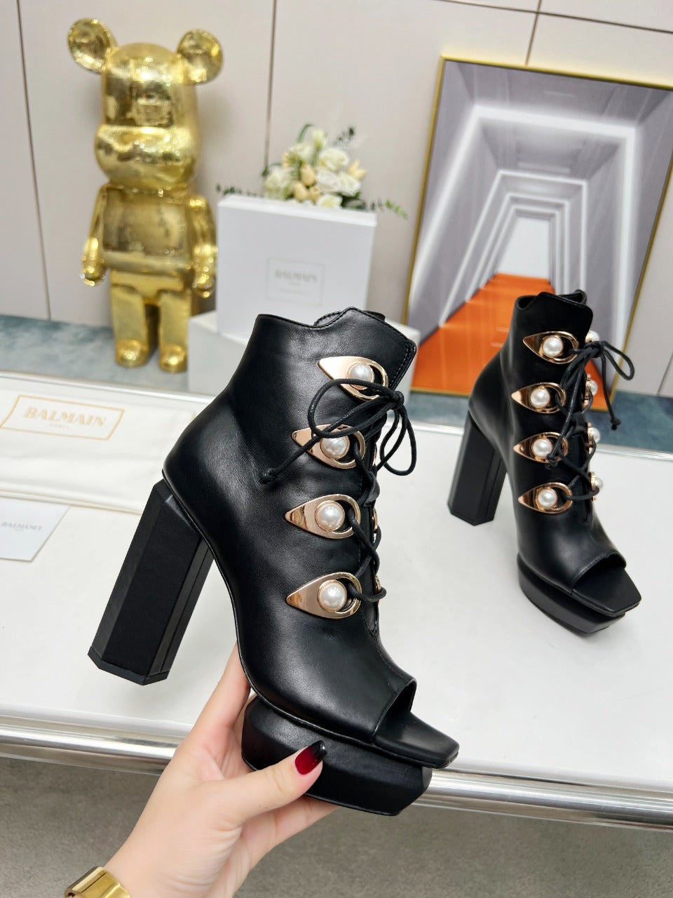 BALMAIN 26S OPEN-TOE BOOTS 115 MM IN BLACK CALFSKIN PEARL-EMBELLISHED