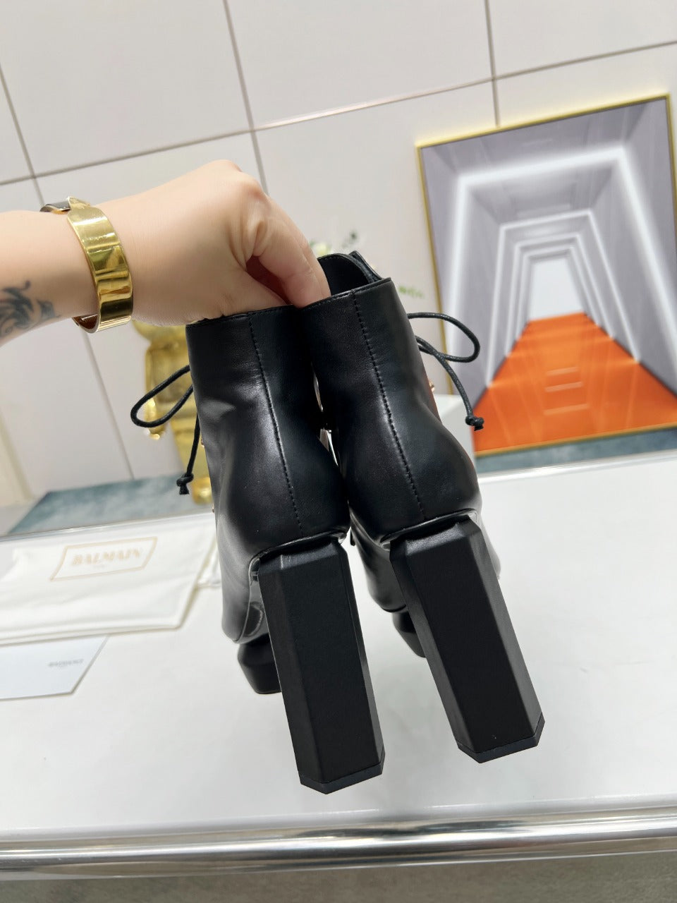 BALMAIN 26S OPEN-TOE BOOTS 115 MM IN BLACK CALFSKIN PEARL-EMBELLISHED