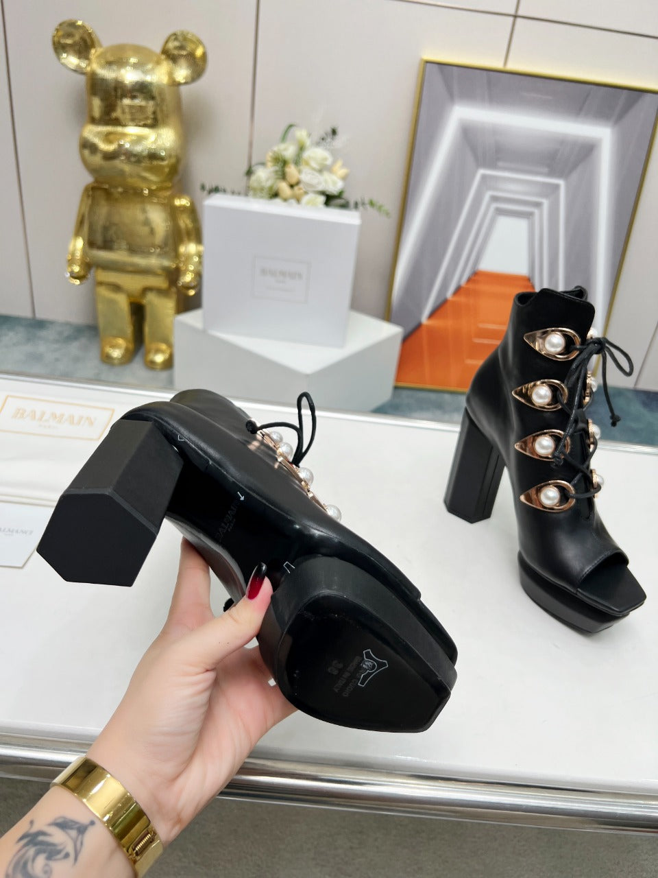 BALMAIN 26S OPEN-TOE BOOTS 115 MM IN BLACK CALFSKIN PEARL-EMBELLISHED
