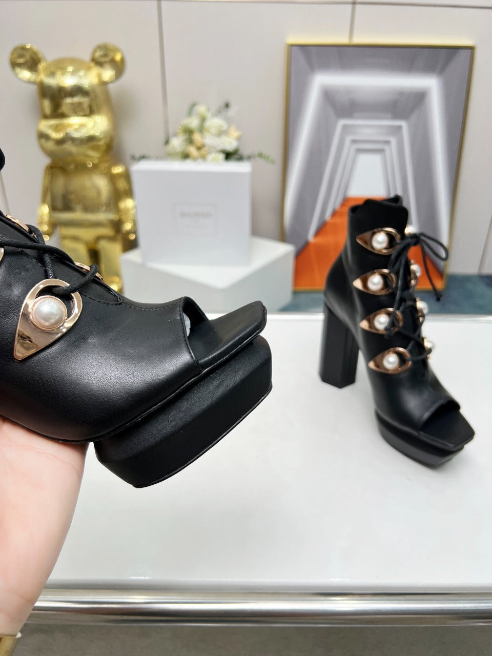 BALMAIN 26S OPEN-TOE BOOTS 115 MM IN BLACK CALFSKIN PEARL-EMBELLISHED