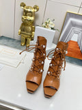 BALMAIN 26S OPEN-TOE BOOTS 115 MM IN BROWN CALFSKIN PEARL-EMBELLISHED