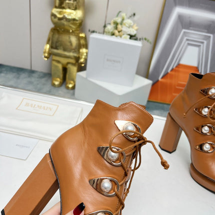 BALMAIN 26S OPEN-TOE BOOTS 115 MM IN BROWN CALFSKIN PEARL-EMBELLISHED