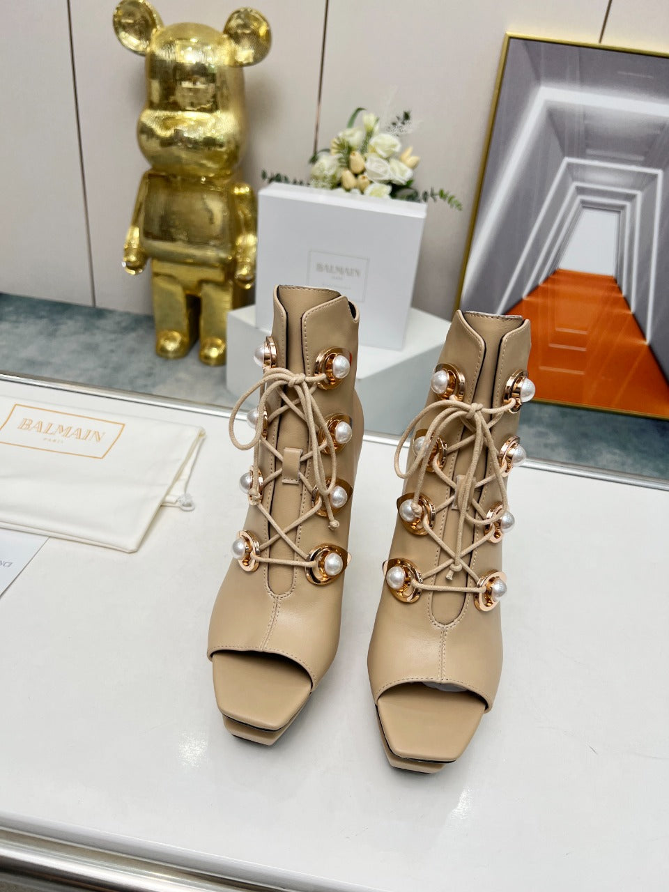 BALMAIN 26S OPEN-TOE BOOTS 115 MM IN DARK BEIGE CALFSKIN PEARL-EMBELLISHED