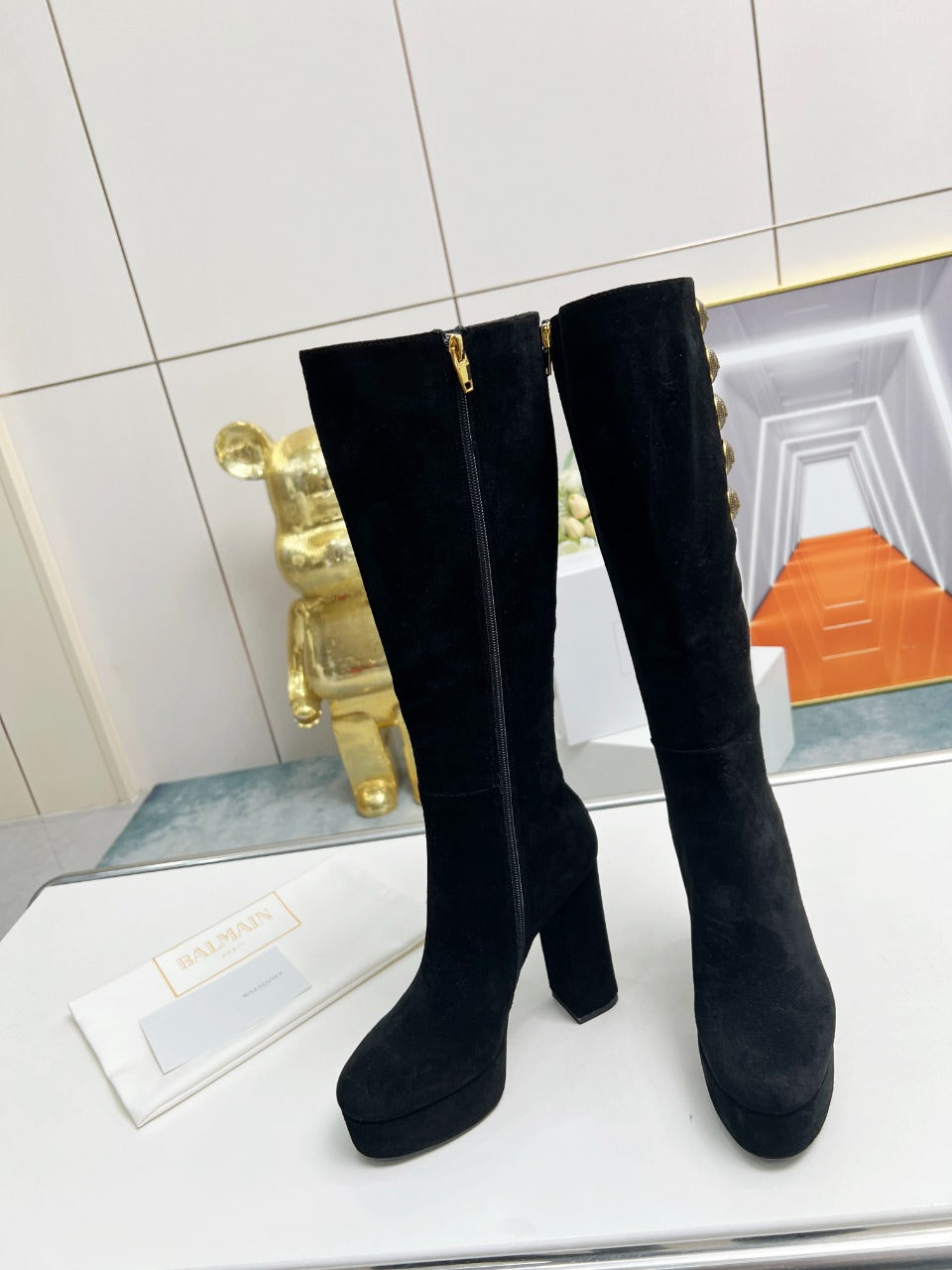 BALMAIN 26S HIGH BOOTS 115 MM IN BLACK SUEDE