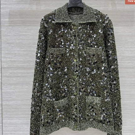 GUCCI 25 KNITTED POLO LONG-SLEEVED TOP GREEN GRAY WOOL