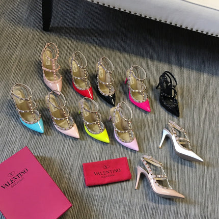 ROCKSTUD CAGED HIGH PUMP IN CHERRY RED MIX LIGHT PINK PATENT CALFSKIN 100 MM