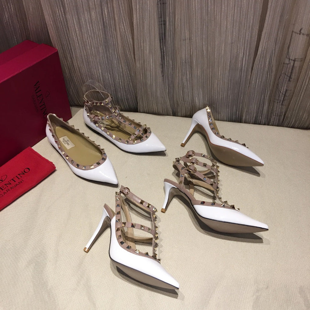 ROCKSTUD CAGED HIGH PUMP IN WHITE MIX LIGHT PINK PATENT CALFSKIN 100 MM