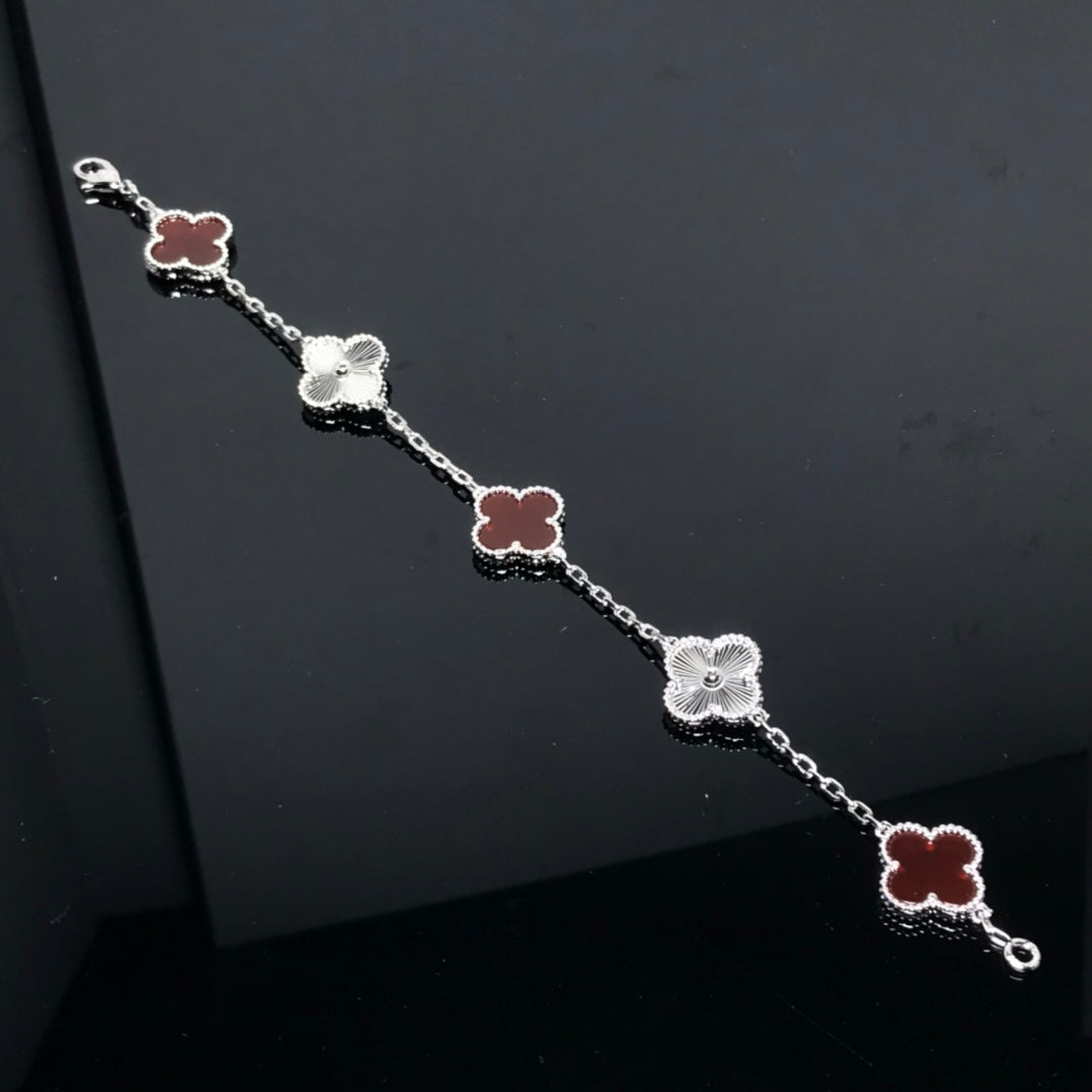 CLOVER BRACELET 5 MOTIF CARNELIAN MOP SILVER