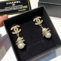 CHANEL 26S DOUBLE C LOGO PAVE CRYSTAL DROP EARRINGS WITH PEARL CHARM IN GOLD METAL 633339