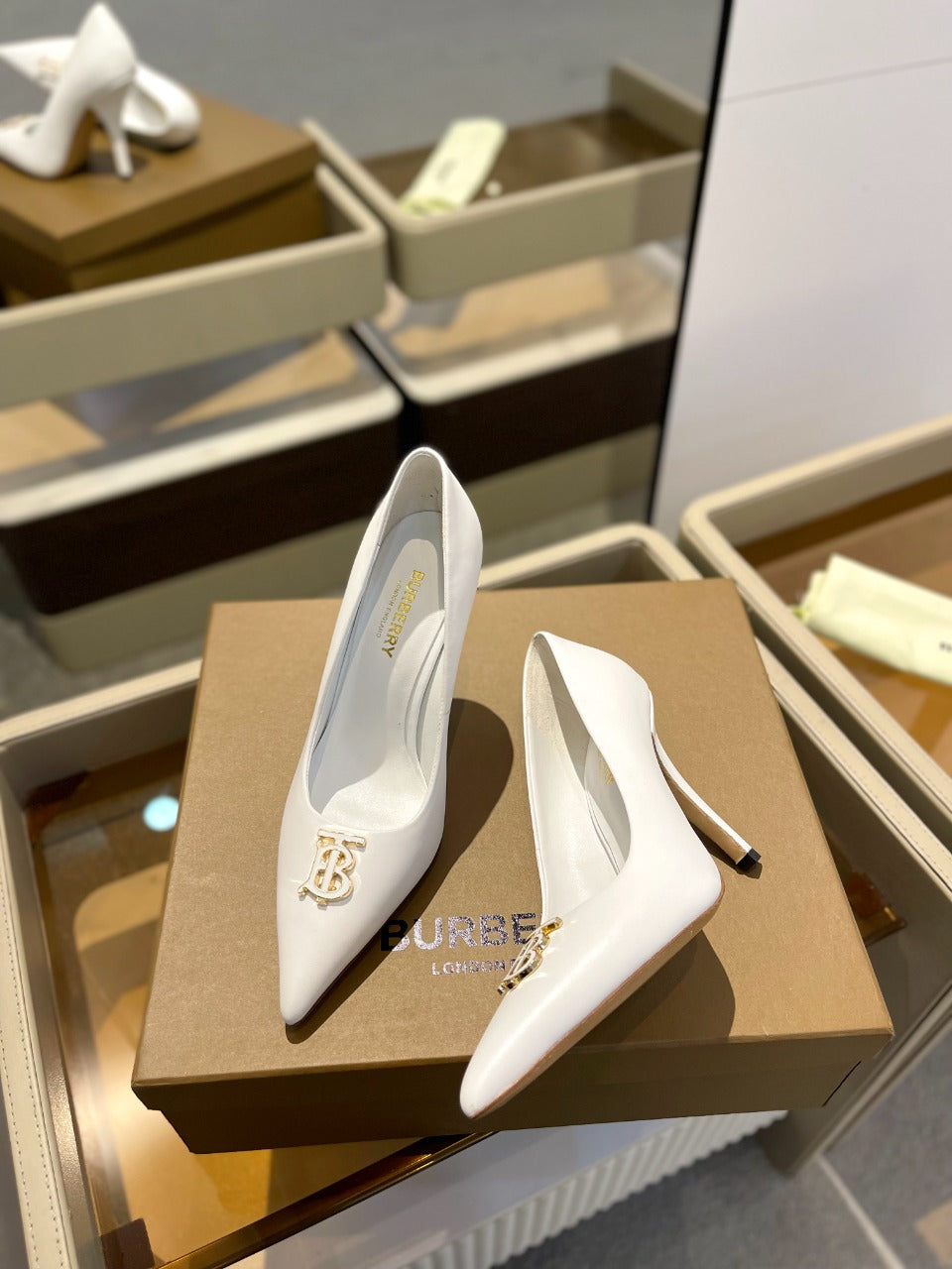 BURBERRY 26S HIGH HEELS 105 MM IN WHITE CALFSKIN WITH LOGO