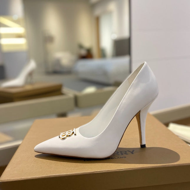 BURBERRY 26S HIGH HEELS 105 MM IN WHITE CALFSKIN WITH LOGO