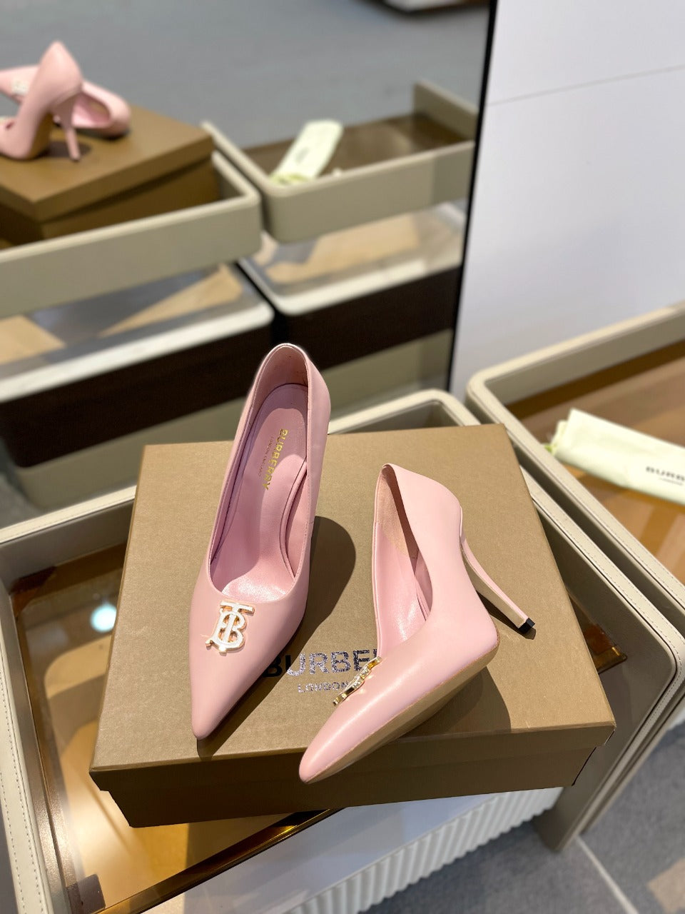 BURBERRY 26S HIGH HEELS 105 MM IN LIGHT PINK CALFSKIN WITH LOGO