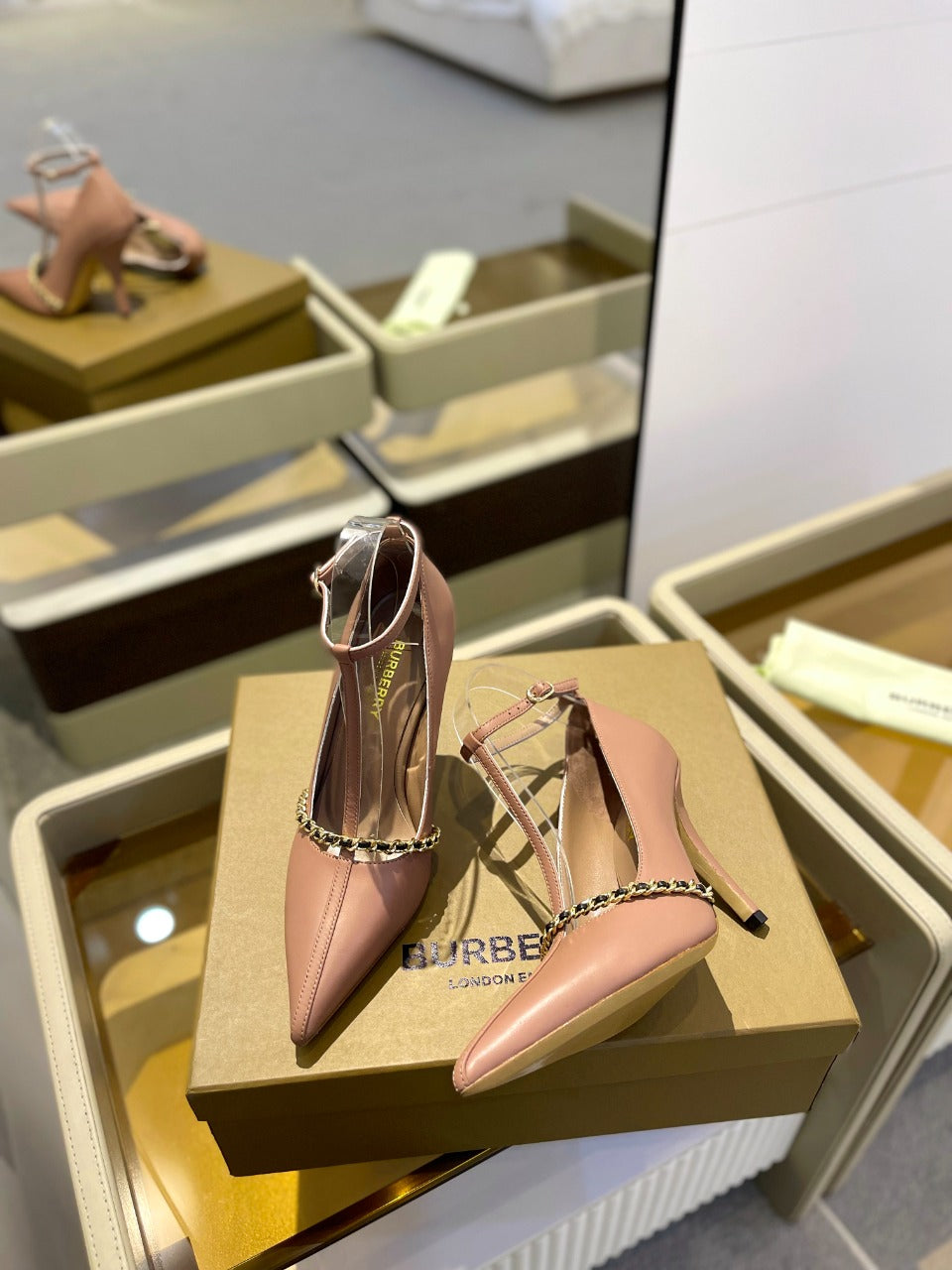 BURBERRY 26S HIGH HEELS 105 MM IN DARK NUDE BEIGE CALFSKIN