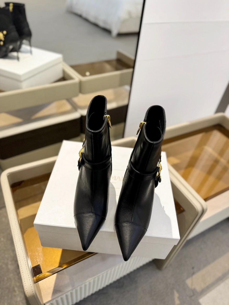 BALMAIN 26S STILETTO HEEL BOOTS 95 MM IN BLACK CALFSKIN