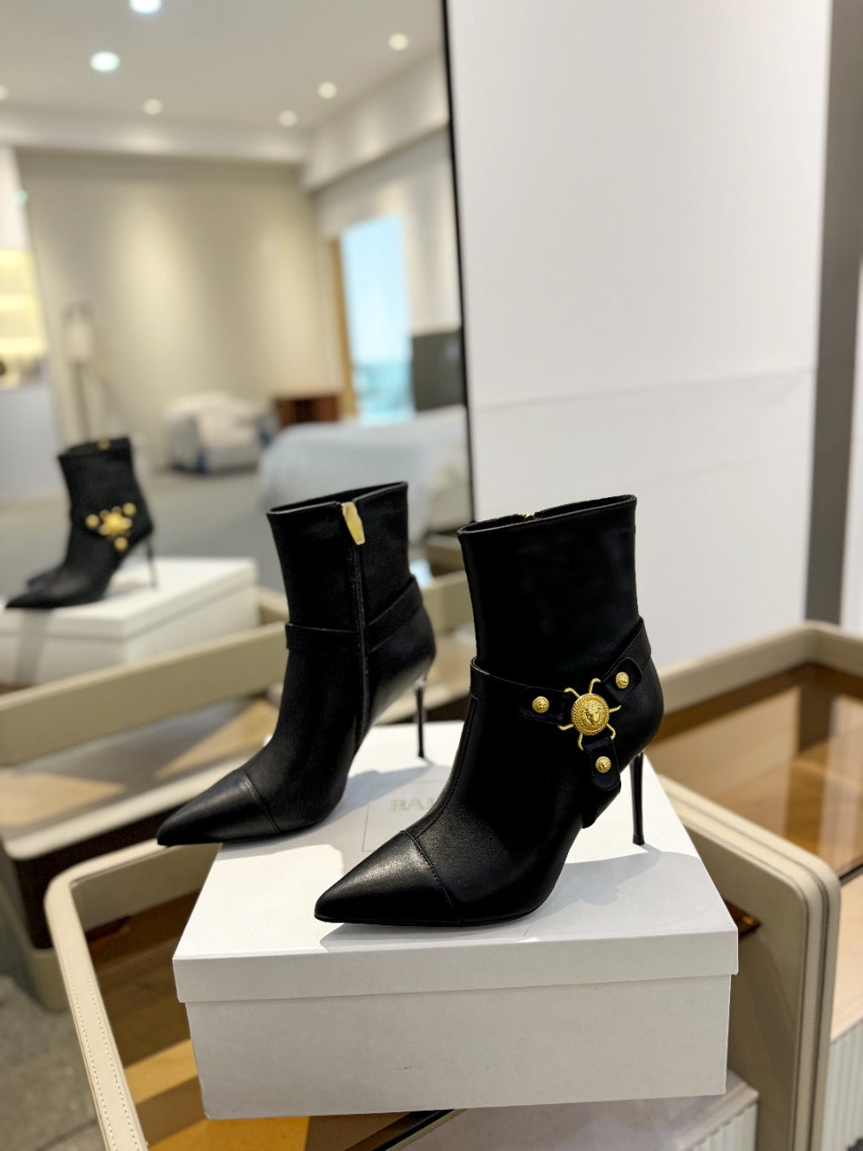 BALMAIN 26S STILETTO HEEL BOOTS 95 MM IN BLACK CALFSKIN