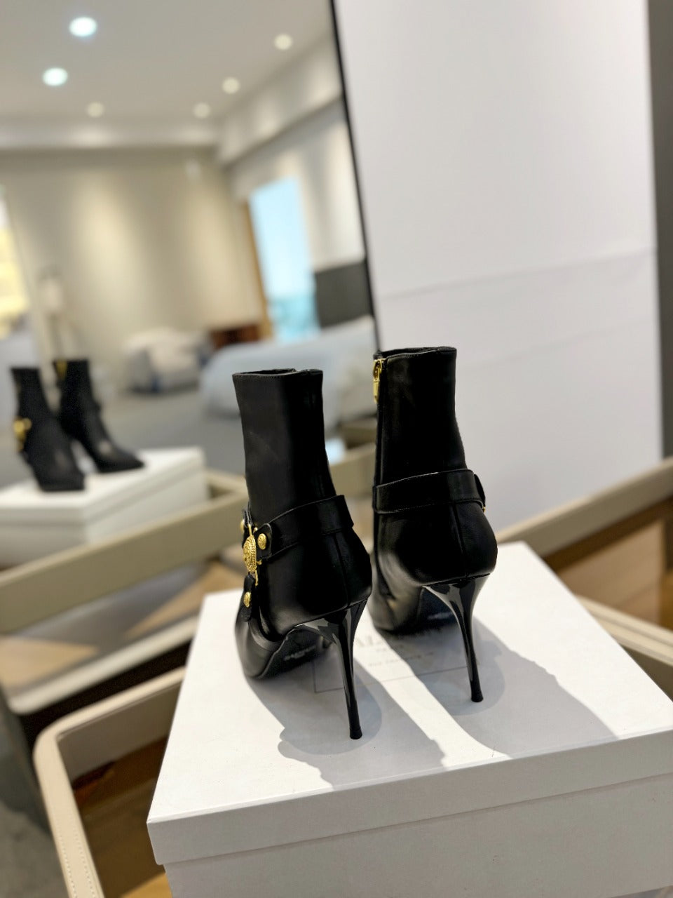 BALMAIN 26S STILETTO HEEL BOOTS 95 MM IN BLACK CALFSKIN