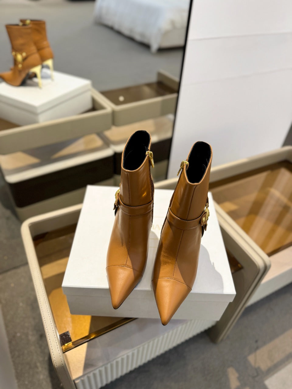 BALMAIN 26S STILETTO HEEL BOOTS 95 MM IN BROWN CALFSKIN