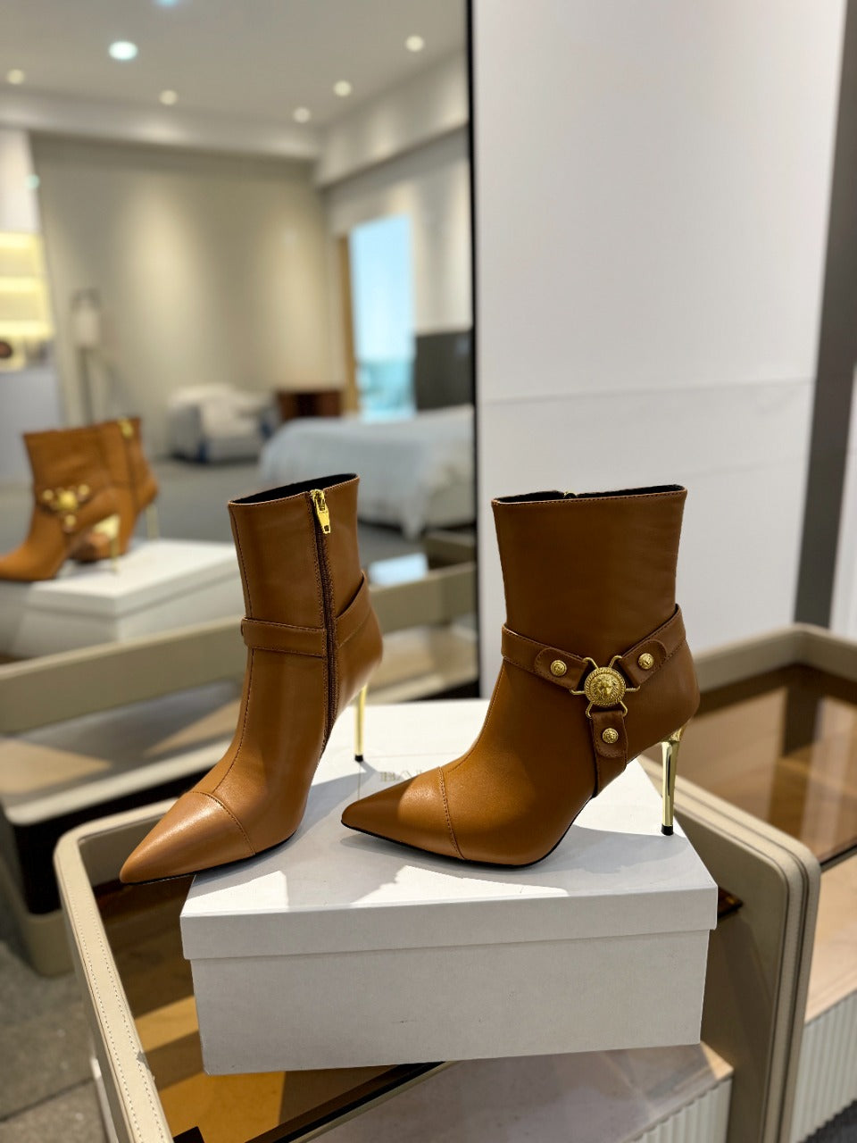 BALMAIN 26S STILETTO HEEL BOOTS 95 MM IN BROWN CALFSKIN