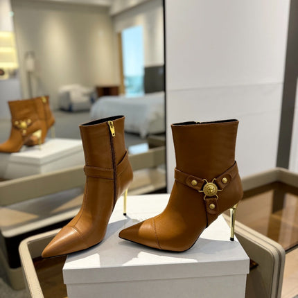BALMAIN 26S STILETTO HEEL BOOTS 95 MM IN BROWN CALFSKIN