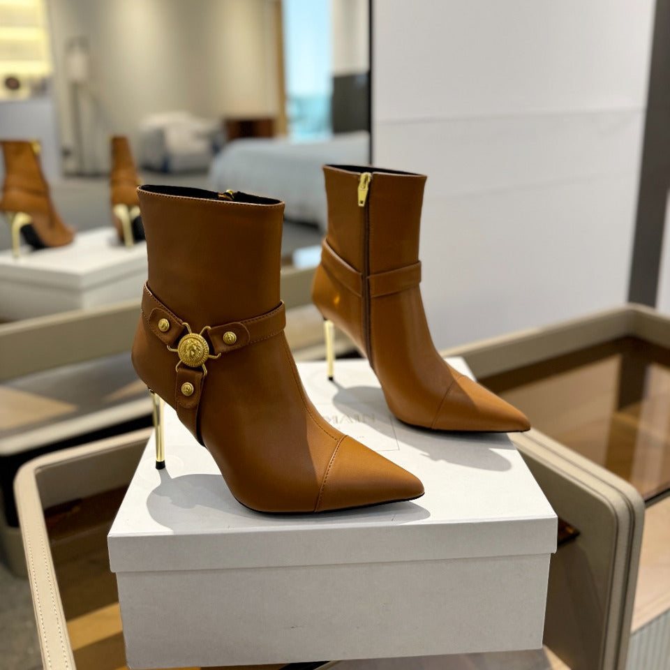 BALMAIN 26S STILETTO HEEL BOOTS 95 MM IN BROWN CALFSKIN