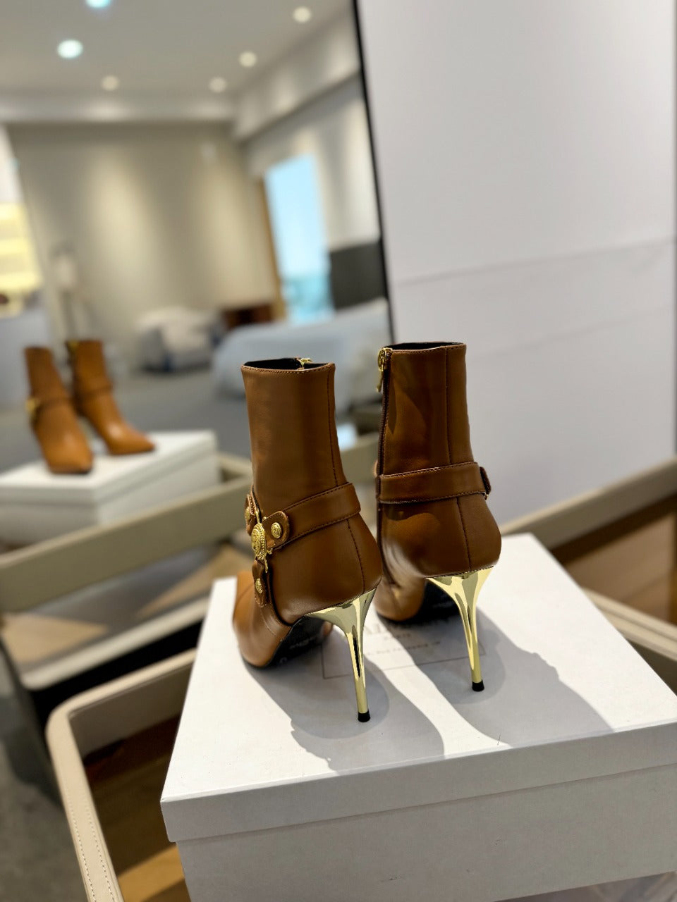 BALMAIN 26S STILETTO HEEL BOOTS 95 MM IN BROWN CALFSKIN