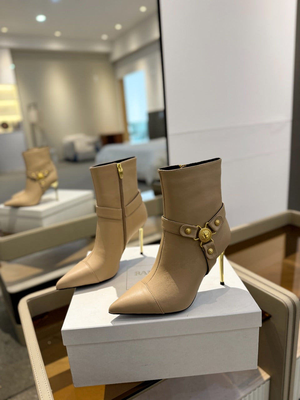 BALMAIN 26S STILETTO HEEL BOOTS 95 MM IN DARK BEIGE CALFSKIN
