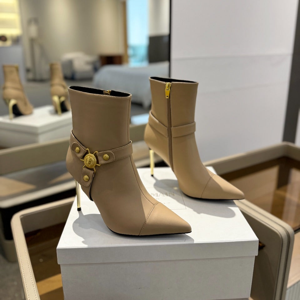 BALMAIN 26S STILETTO HEEL BOOTS 95 MM IN DARK BEIGE CALFSKIN