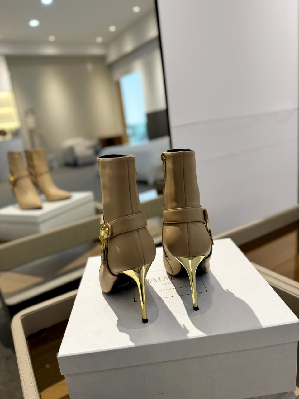 BALMAIN 26S STILETTO HEEL BOOTS 95 MM IN DARK BEIGE CALFSKIN